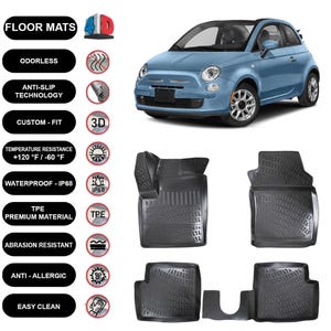 Floor Mats Liner Fits Fiat 500C (2007-2022) Waterproof 4D Molded Black 4Pcs