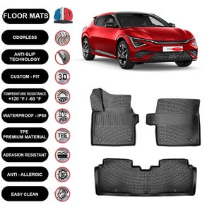 May include: Black car floor mats with a textured pattern are shown alongside a red car. The mats are described as odourless, anti-slip, custom-fit, and temperature resistant. They are waterproof and made of TPE premium material.