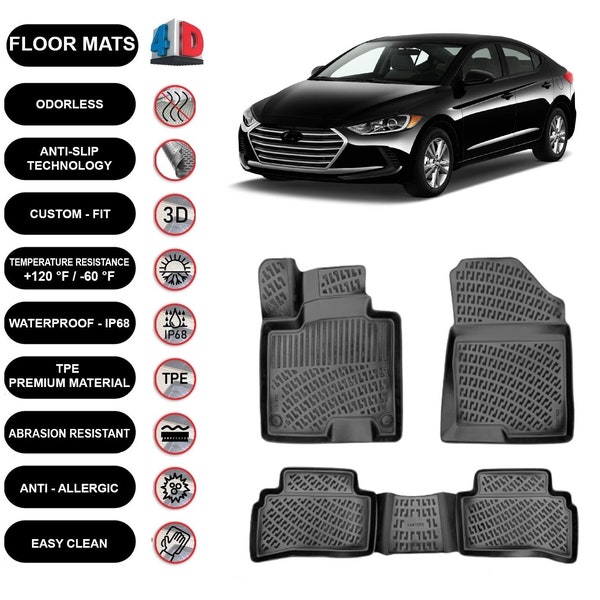 Floor Mats Liner Fits Hyundai Elantra (2016-2020) Waterproof 4D Molded Black 4Pcs