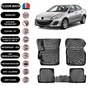 Floor Mats Liner Fits Mazda 3 (2009-2013) Waterproof 4D Molded Black 4Pcs