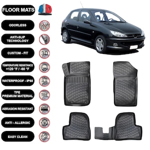 Floor Mats Liner Fits Peugeot 206 (1999-2016) Waterproof 4D Molded Black 4Pcs