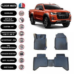 May include: Black floor mats with a textured pattern, displayed with an orange pickup truck. The mats are labeled as odorless, anti-slip, custom-fit, and waterproof. The mats are made of TPE premium material and are abrasion resistant and anti-allergenic.