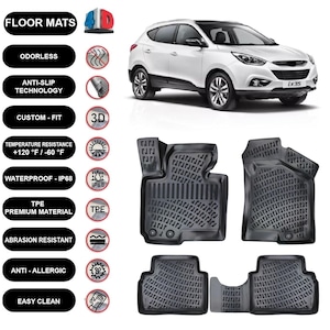 Floor Mats Liner Fits Hyundai ix35 (2009-2015) Waterproof 4D Molded Black 4Pcs