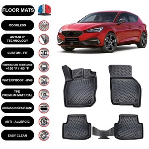 以下が含まれることがあります： 赤い車と黒いフロアマット。マットは黒色で、テクスチャパターンがあります。画像には「FLOOR MATS」、「ODORLESS」、「ANTI-SLIP TECHNOLOGY」、「CUSTOM-FIT」、「TEMPERATURE RESISTANCE +49 °C / -51 °C」、「WATERPROOF - IP68」、「TPE PREMIUM MATERIAL」、「ABRASION RESISTANT」、「ANTI-ALLERGIC」および「EASY CLEAN」というテキストが含まれています。