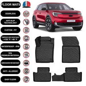 May include: Black floor mats with a textured surface are displayed next to a red SUV. The mats are labeled as odorless, anti-slip, custom fit, and waterproof. The temperature resistance is +49°C / -51°C. The car is a Ford Explorer.