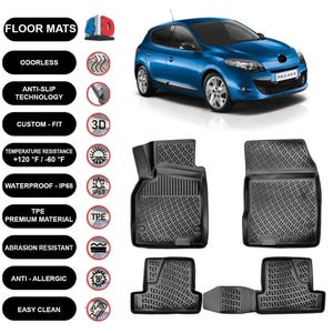 Floor Mats Liner Fits Renault Megane 3 Hatchback (2009-2015) Waterproof 4D Molded Black 4Pcs
