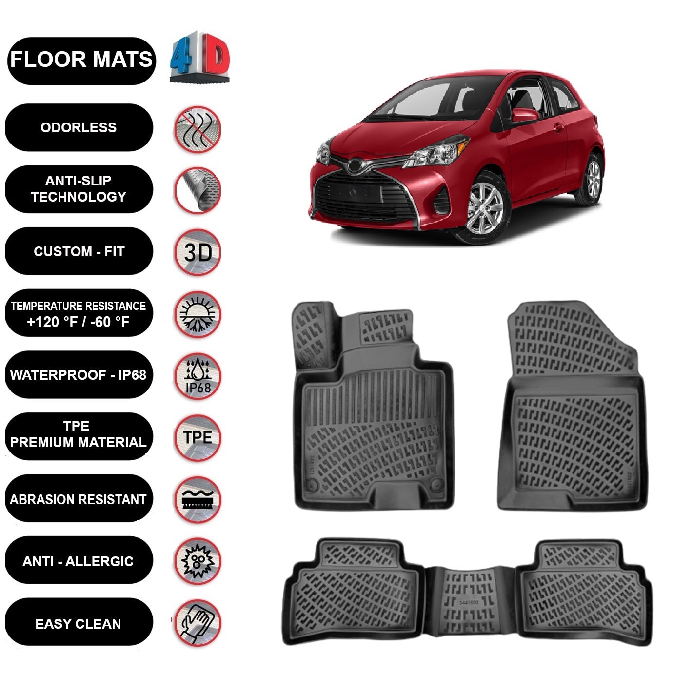 Floor Mats Liner Fits Toyota Yaris 2013 2020 Waterproof 4D Molded
