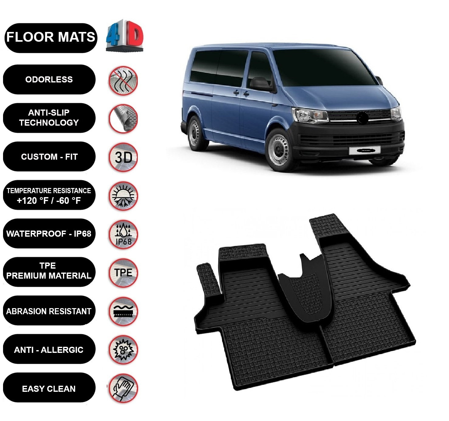 Bodenmatte Liner passend für Volkswagen Transporter T6 2015-2018  Wasserdicht 4D geformt schwarz 2Stk -  Schweiz