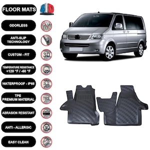 Floor Mats Liner Fits Volkswagen Transporter T5 (2003-2014) Waterproof 4D Molded Black 2Pcs