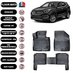 Floor Mats Liner Fits Hyundai Santa Fe (2013-2018) Waterproof 4D Molded Black 4Pcs