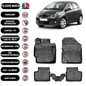 Floor Mats Liner Fits Toyota Yaris (2005-2012) Waterproof 4D Molded Black 4Pcs