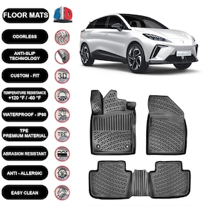 Puede incluir: Alfombrillas negras con diseño texturizado, mostradas junto a un coche blanco. Las alfombrillas están etiquetadas como inodoras, antideslizantes, de ajuste personalizado e impermeables. Fabricadas con material TPE de primera calidad y resistentes a la abrasión.