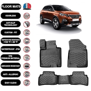 Floor Mats Liner Fits Peugeot 3008 (2017-2023) Waterproof 4D Molded Black 4Pcs