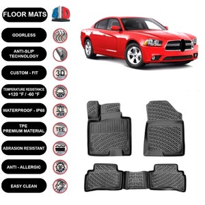 Puede incluir: Alfombrillas negras con un diseño texturizado se muestran junto a un coche rojo. Las alfombrillas están etiquetadas como inodoras, antideslizantes, de ajuste personalizado e impermeables. El texto de la imagen también indica resistencia a la temperatura y fácil limpieza.