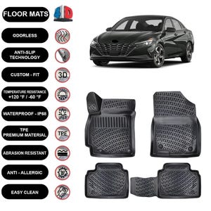 Floor Mats Liner Fits Hyundai Elantra (2021-2024) Waterproof 4D Molded Black 4Pcs