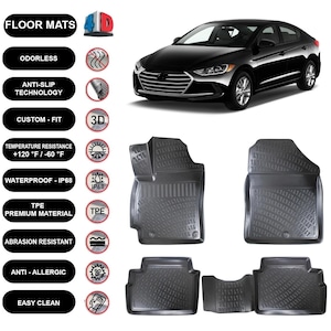 Floor Mats Liner Fits Hyundai Elantra (2016-2020) Waterproof 4D Molded Black 4Pcs