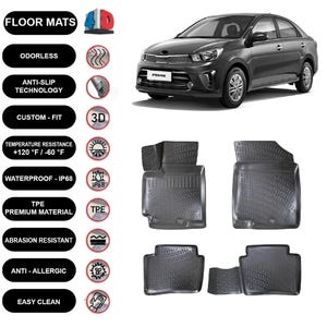 May include: Black car floor mats with the text "FLOOR MATS" and icons indicating features like anti-slip, waterproof, and easy clean. A grey car is also in the image.
