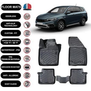 Floor Mats Liner Fits Fiat Tipo Cross Wagon (2022-2024) Waterproof 4D Molded Black 4Pcs