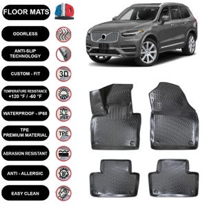Floor Mats Liner Fits Volvo XC90 Hybrid (2019-2023) Waterproof 4D Molded Black 4Pcs