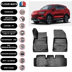 May include: Black floor mats with a textured surface, designed for a car. The mats are labeled as odorless, anti-slip, custom-fit, and waterproof. The image also shows a red car.