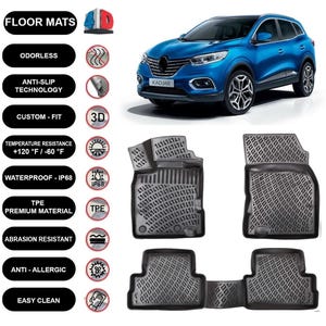 Floor Mats Liner Fits Renault Kadjar (2015-2022) Waterproof 4D Molded Black 4Pcs