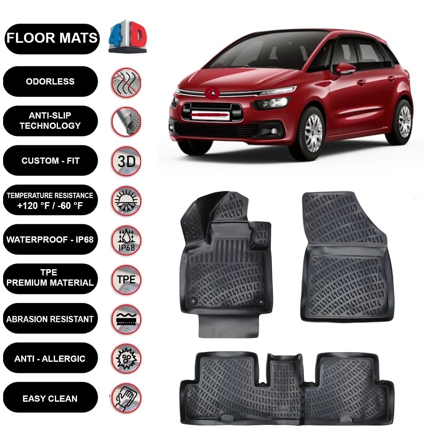 Floor Mats Liner Fits Citroen C4 Picasso 2013 2019 All Wheather Waterproof 4D Molded Black 4pcs Etsy