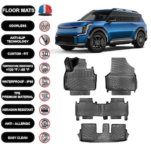 May include: Black floor mats with a textured pattern are displayed next to a blue SUV. The mats are labeled as odorless, anti-slip, custom fit, and waterproof. The image also highlights temperature resistance and abrasion resistance.