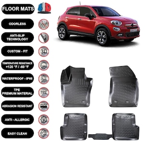 Floor Mats Liner Fits Fiat 500X (2014-2021) Waterproof 4D Molded Black 4Pcs