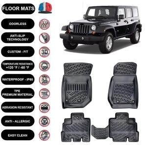 Tapetes de assoalho forro se encaixa Jeep Wrangler JK 4 portas (2006-2018) à prova d&#39;água 4D moldado preto 4 peças