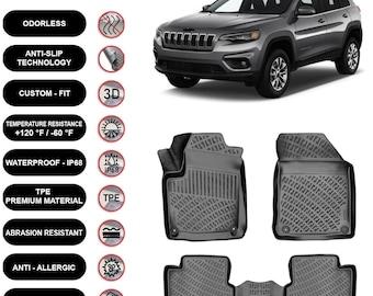May include: Gray floor mats with a textured surface, designed for a vehicle. The mats are labeled as odorless, anti-slip, custom fit, and waterproof. The image also shows a gray SUV.