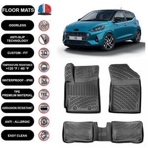 Floor Mats Liner Fits Hyundai i10 (2019-2024) Waterproof 4D Molded Black 4Pcs