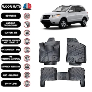 Floor Mats Liner Fits Hyundai Santa Fe (2006-2012) Waterproof 4D Molded Black 4Pcs