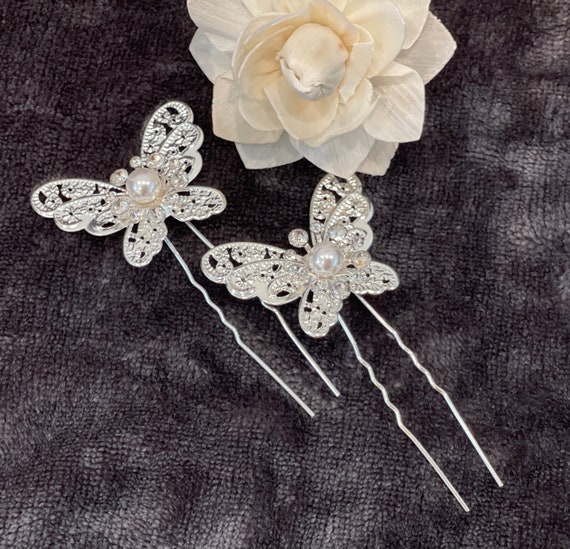 Silver Pearl Butterfly Hair Pins - Elegant Bridal 