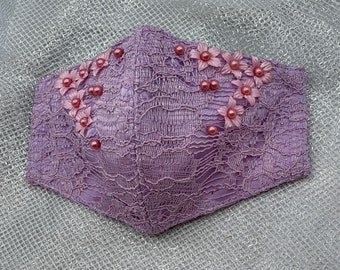 Light Purple Lace Face Mask – Sparkling Wedding Mask with Filter Pocket