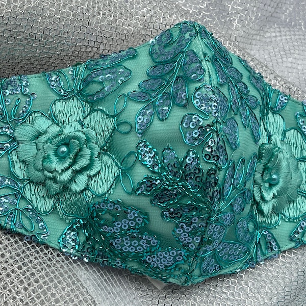 Face mask - Glamour Seafoam Brocade Rose - King Series - With filter pocket - washable