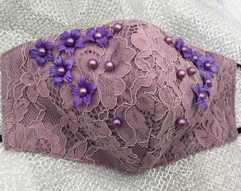 Face Mask - Elegant Dusty Purple Brocade - King Series - Washable - With Filter Pocket