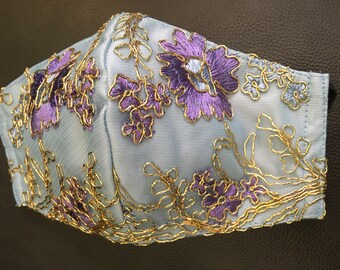 Face mask - Elegant Embroidered Gold tread Blue & Purple - King Series - Washable -With Filter Pocket