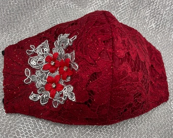 Face Mask - Glamour Royal Red Sparkling Brocade - King Series - Washable-with pocket filter