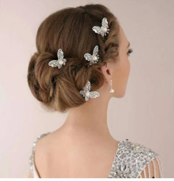 Elegant Silver white butterfly pearls and diamonds Hairpin. Silver Pearl Butterfly Hair Pins - Elegant Bridal  main image 3