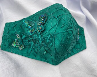 Face mask- Butterfly Tosca Green Pearl #5 - Fly Series - Washable - Party mask