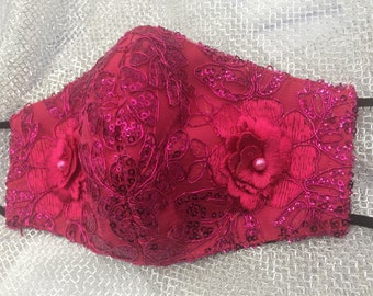 Mask - Elegant Bright Pink Brocade Pearl Rose - King Series - Washable - with Filter Pocket