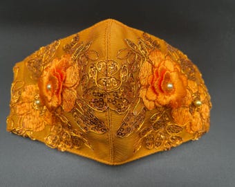Face Mask - Celebration Orange Rose Brocade - King Series - Washable - With Filter Pocket