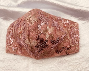 Face Mask - Elegant Pink Brocade Pearl - King Series - Washable - With Pocket Filter