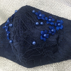 Face Mask - Elegant Rich Dark Blue Embroidered Mask - King Series - Washable - With Filter Pocket