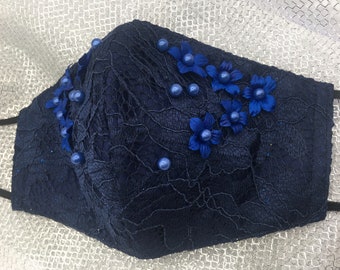 Face Mask - Elegant Rich Dark Blue Embroidered Mask - King Series - Washable - With Filter Pocket