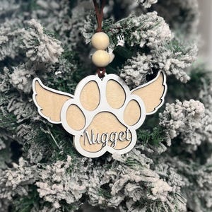 Décoration commémorative personnalisée pour chien : empreinte de patte avec des ailes d'ange
