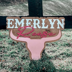 Longhorn Baby Name Sign, Cowgirl or Cowboy Nursery sign, Rodeo Nursery Sign, Bullhorn Nursery Hanger, Baby Name sign for boy or girl