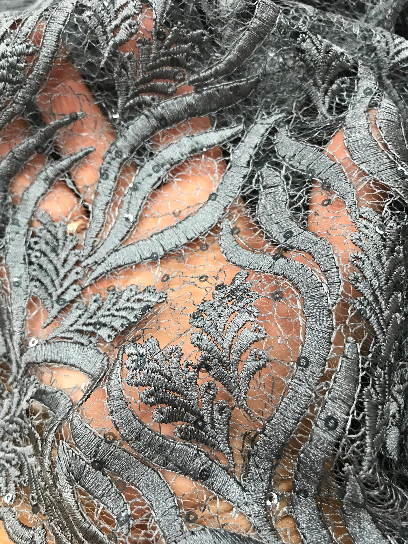 Dark Grey lace fabric with sequins 25 cm x Yards embroidered Etsy