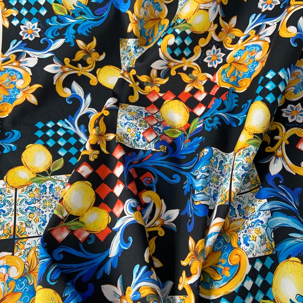 Black background Cotton with elastane  with lemon and bright  floral print fabric   Italy fashion fabric  for 50x150 cm Famous brand fabric