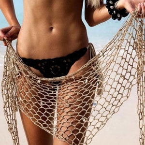 Sarong Wrap Triangle Shawl, Crochet Sequin Fishnet Seashell Pareo Shawl, Beach Accessory, Swimwear Cover Up, Bikini Cover Up, Net Skirt